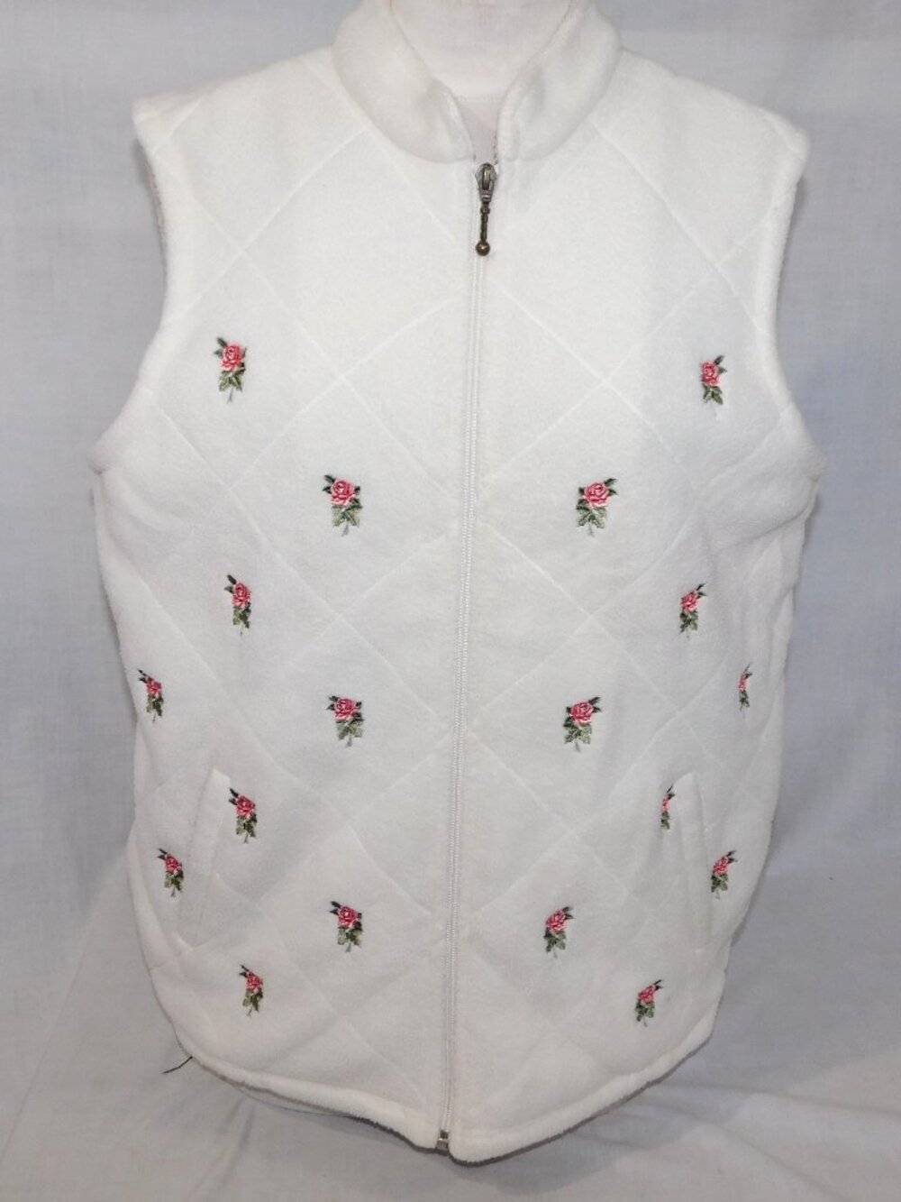 VTG Carroll Reed White Fleece Embroidered Pink Rose Full Zip Vest  Womens L